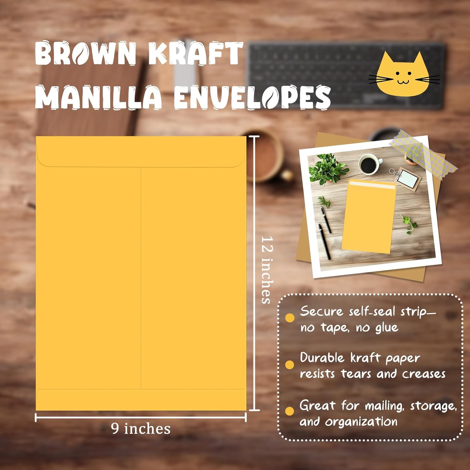 25 Pack Manilla Envelopes 9 x 12, Brown, Letter Size, Self-Seal Manila Large