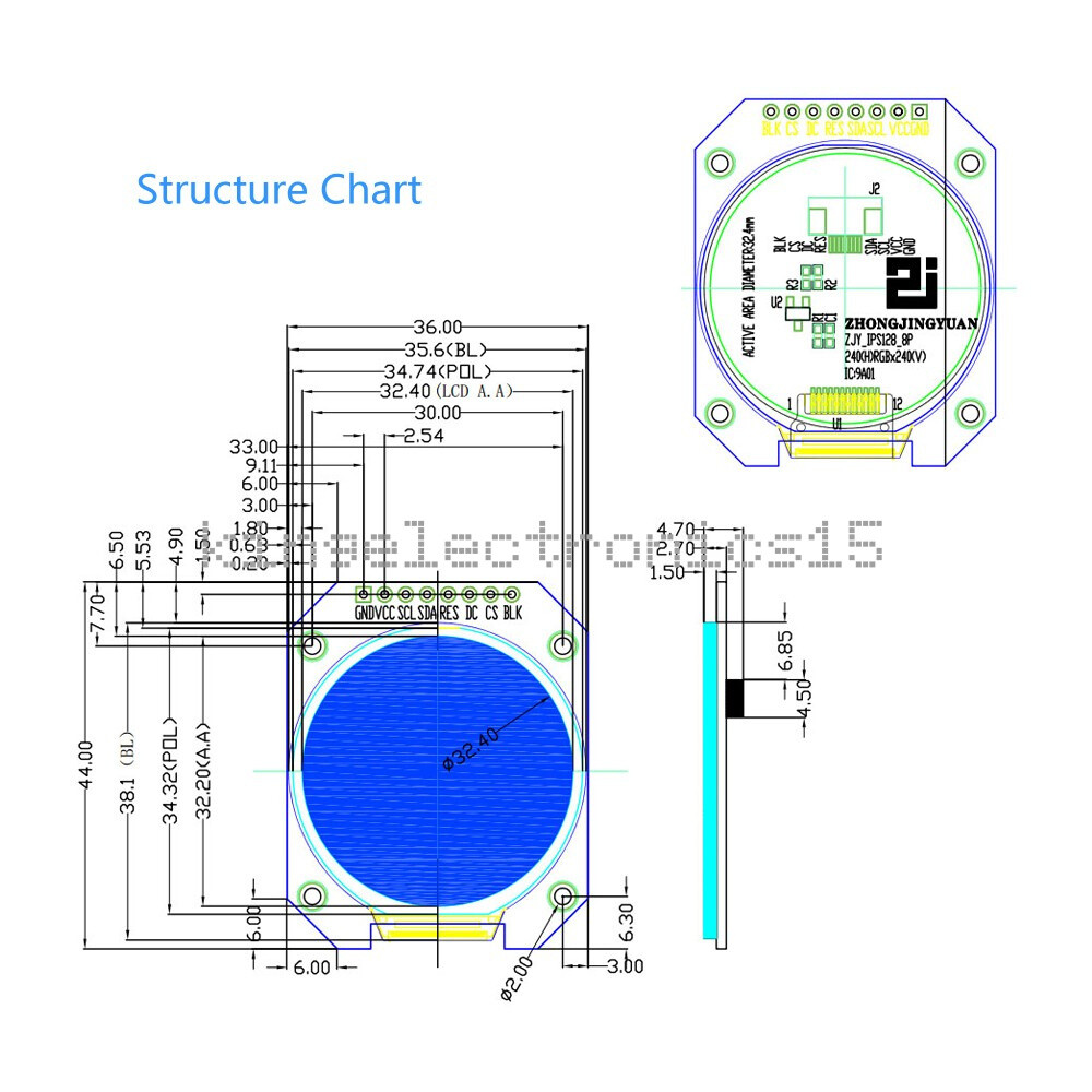 DC 3.3V 1.28 inch TFT IPS LCD Display Module Round RGB HD 240×240 SPI NEW