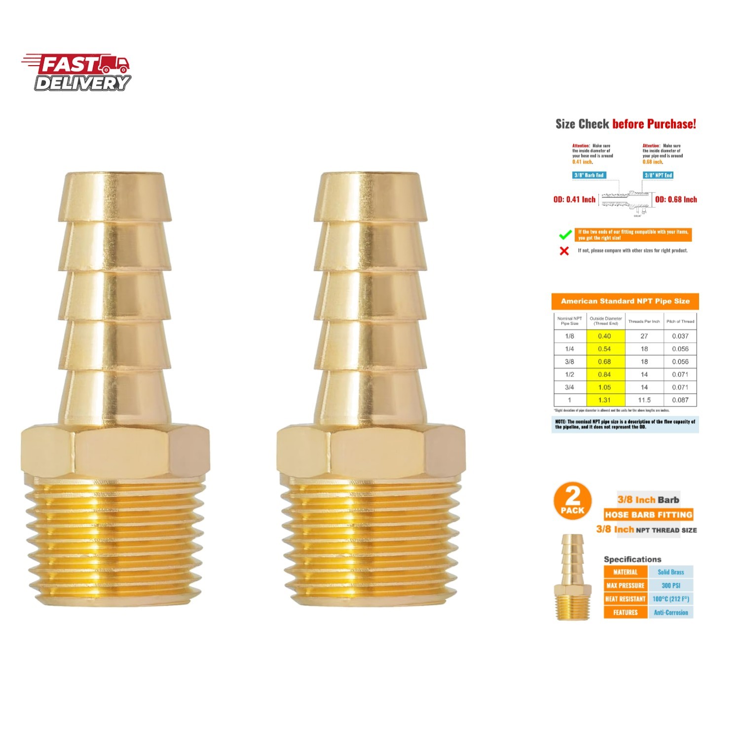 3/8» NPT Brass Hose Barb Fittings, 3/8» NPT Male Thread to 3/8 Inch Barbed …