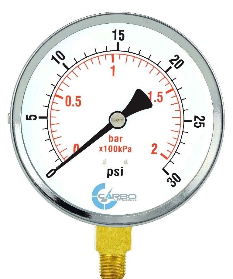 4″ Pressure Gauge – Chrome Plated Steel Case, 1/4″NPT, Lower Side Mnt. 30 PSI