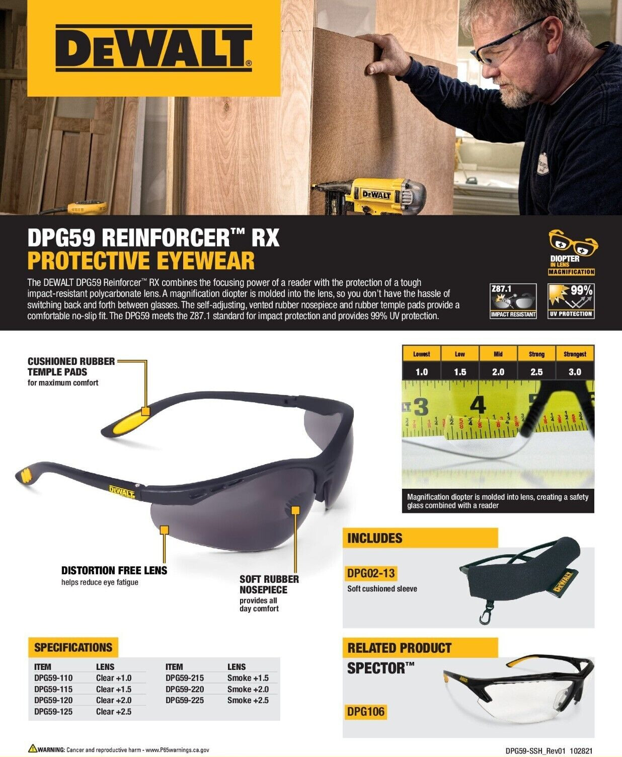 DeWalt Reinforcer BIFOCAL Protective Readers Safety Glasses CLEAR Lens +3.0 Z87+