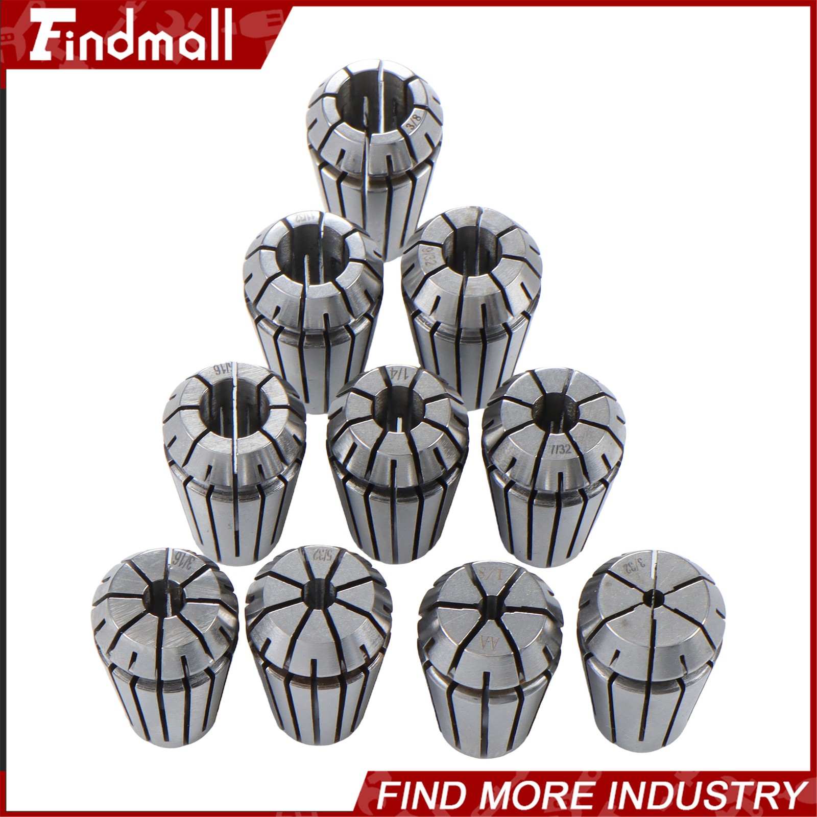 Findmall ER16 Collet Set 10 Pack Precision 3/32 to 3/8 Inch by 32nds 0.0002 TIR