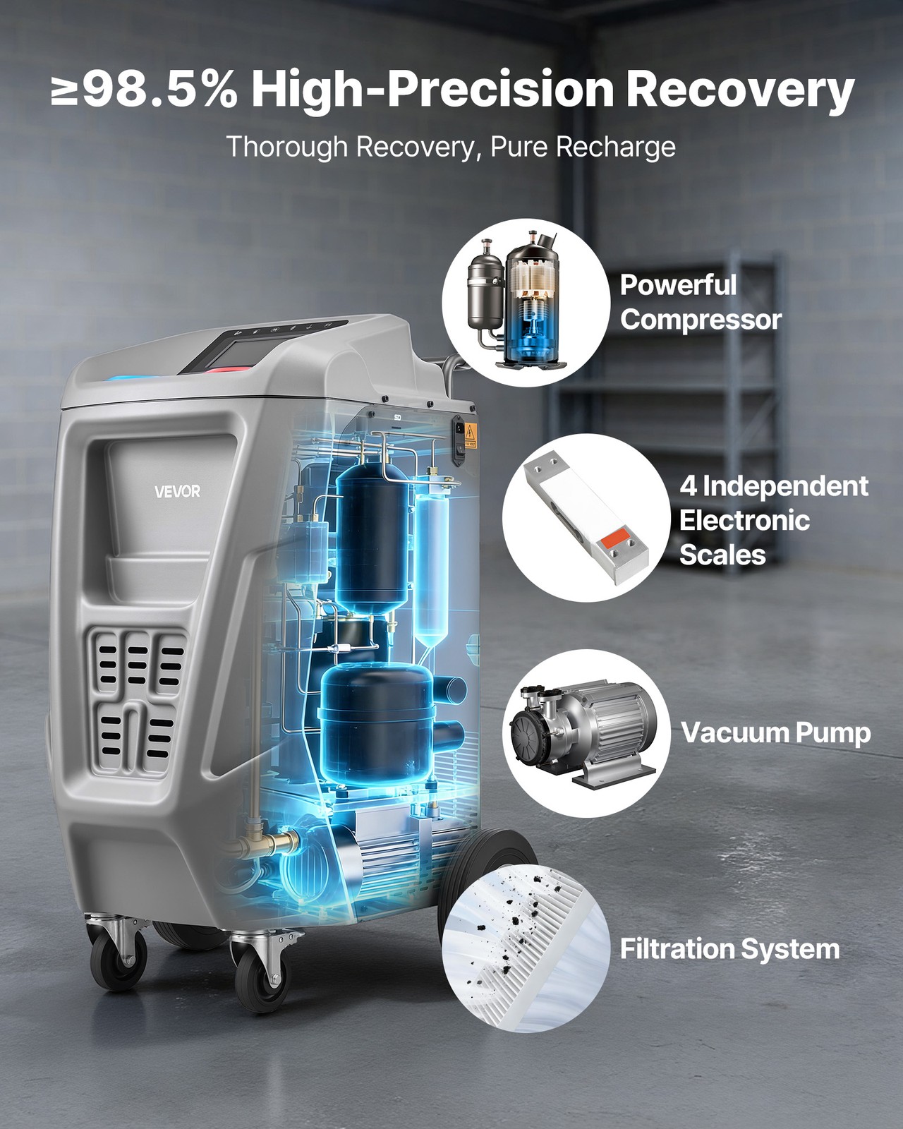 VEVOR Fully Automatic Refrigerant Recovery Machine 1234yf A/C Vacuum Recharging