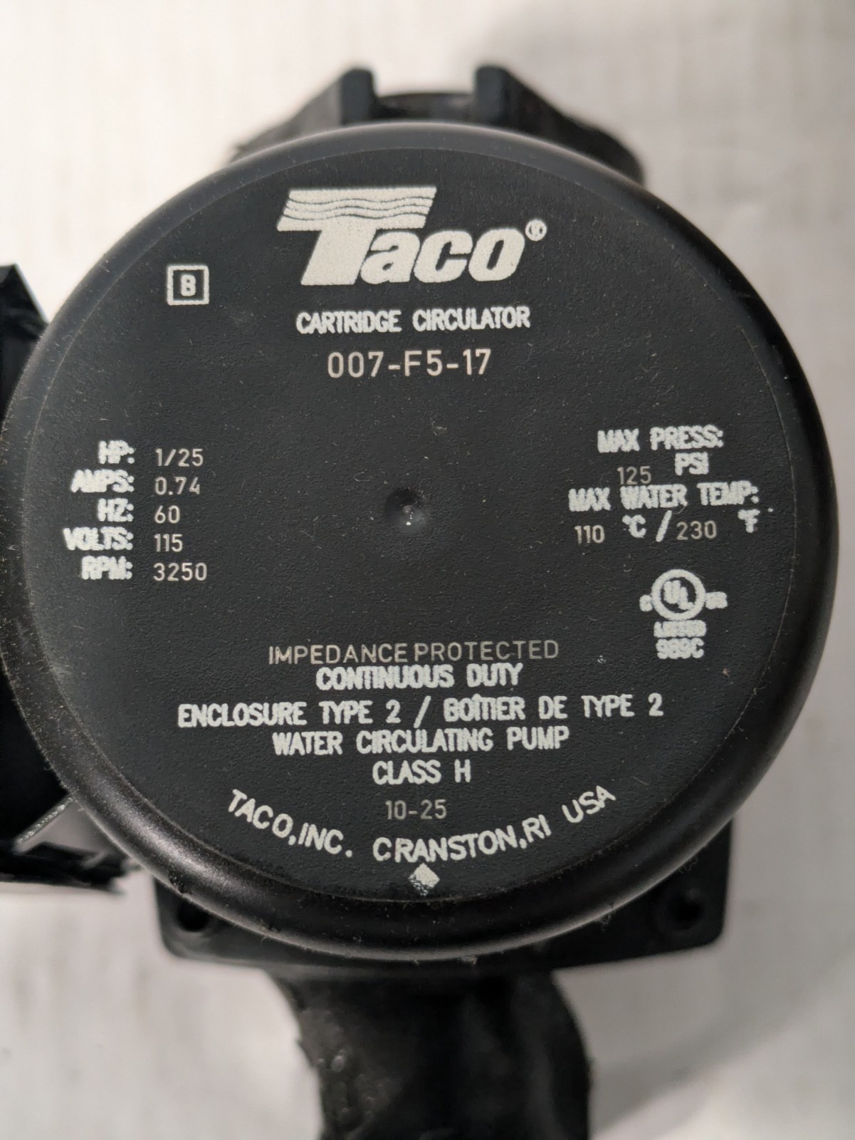 Taco 007-F5-17 Cartridge Circulator Pump 1/25 HP 115V Cast Iron FOR PARTS ONLY