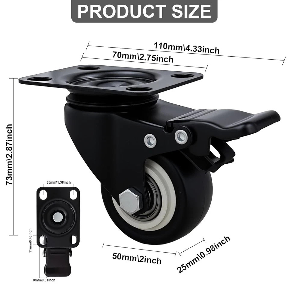 2 Inch Wheel Casters,Set of 4 Heavy Duty Casterswith BrakeNo Noise Locking Pol