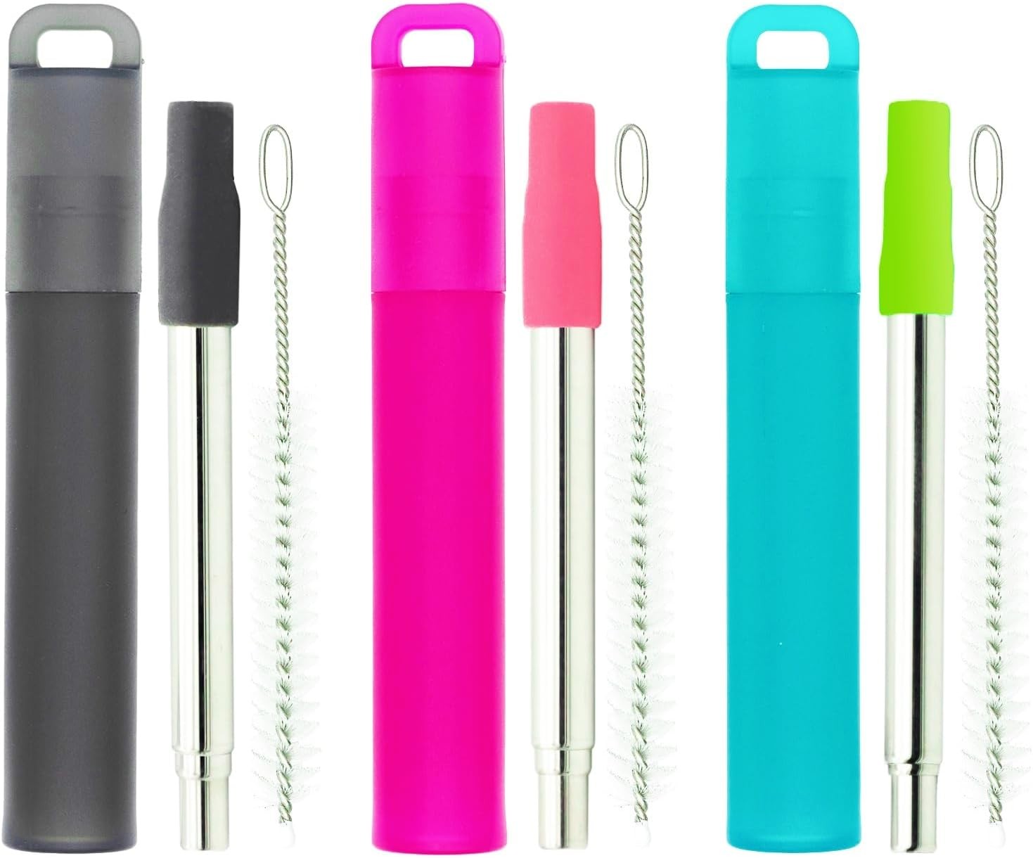 Metal Reusable Straws 3 Pack Collapsible Stainless Small, Gray, red, blue