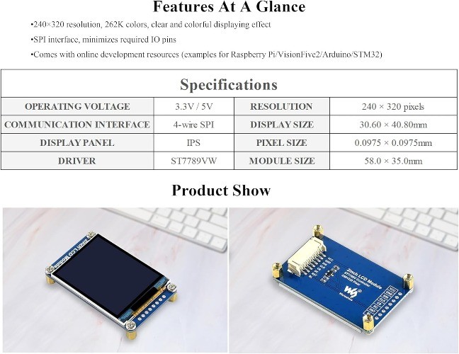 2 Inch LCD Module Mini LCD Screen 240×320 Resolution IPS Display 262K RGB Color