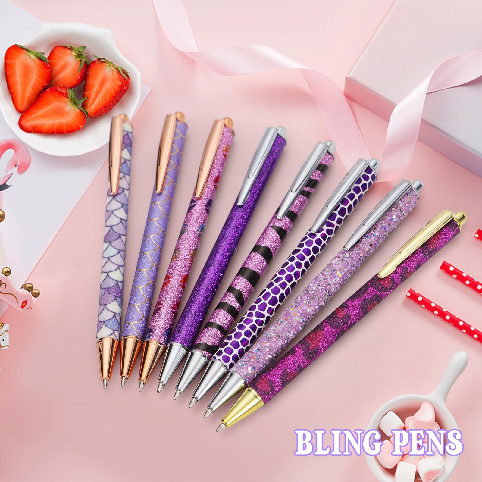 8 Pcs Purple Sparkly Pens for Women – Cute Glitter Ballpoint Pens with 10 Ref…