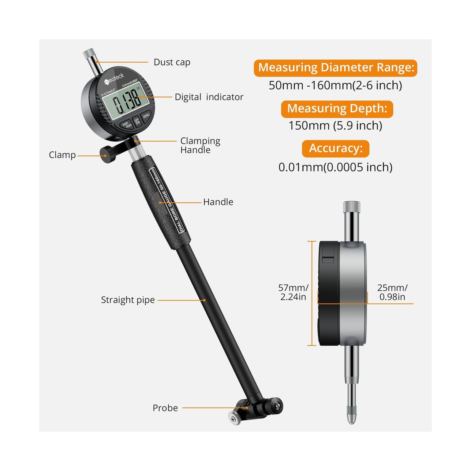 Neoteck Bore Gauge Set Digital Indicator Dial Bore Gauge (2-6″/0.0005″) with …