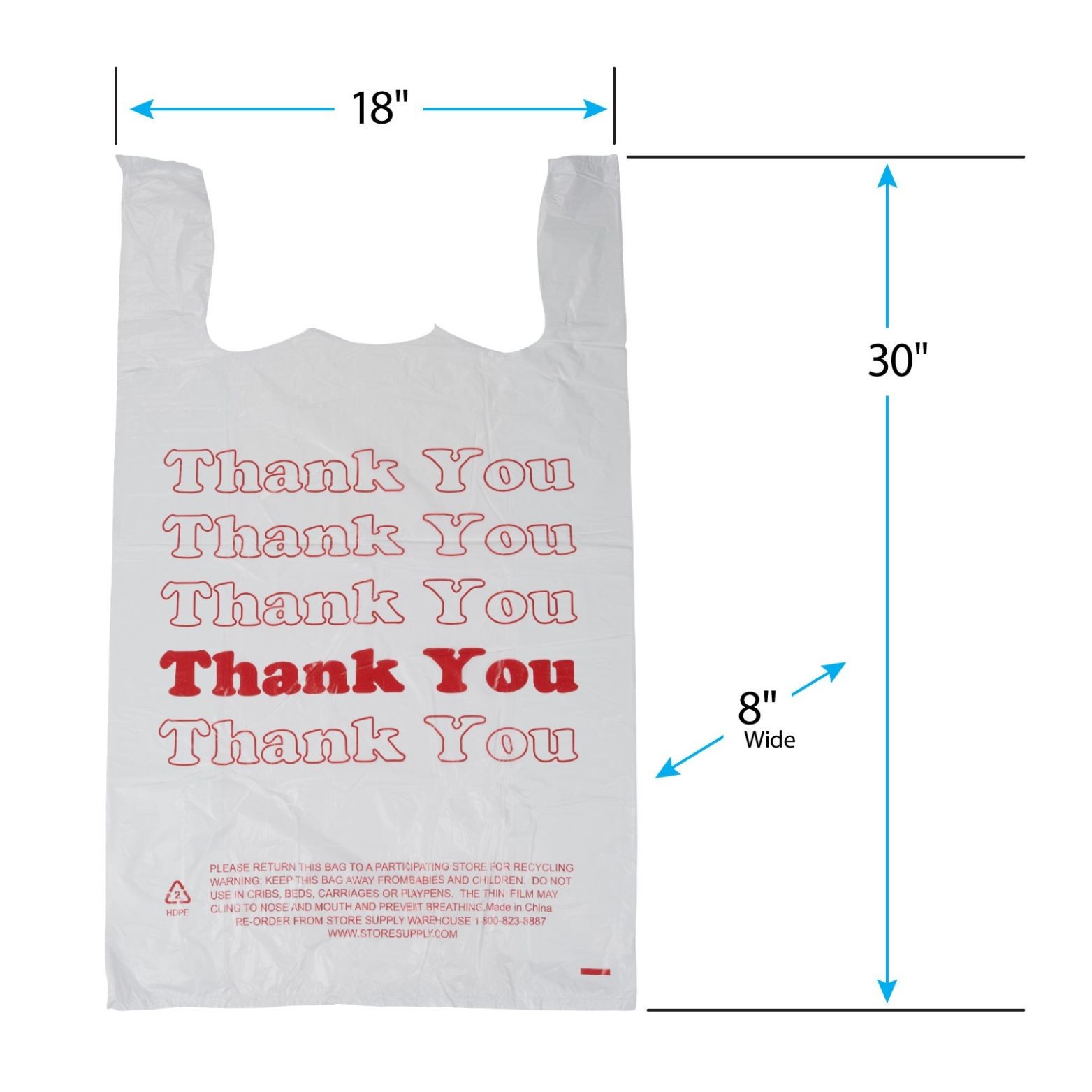 Large Plastic Thank You Bags (T-Shirt Bags) 18″ x 8″ x 30″ – Case of 500
