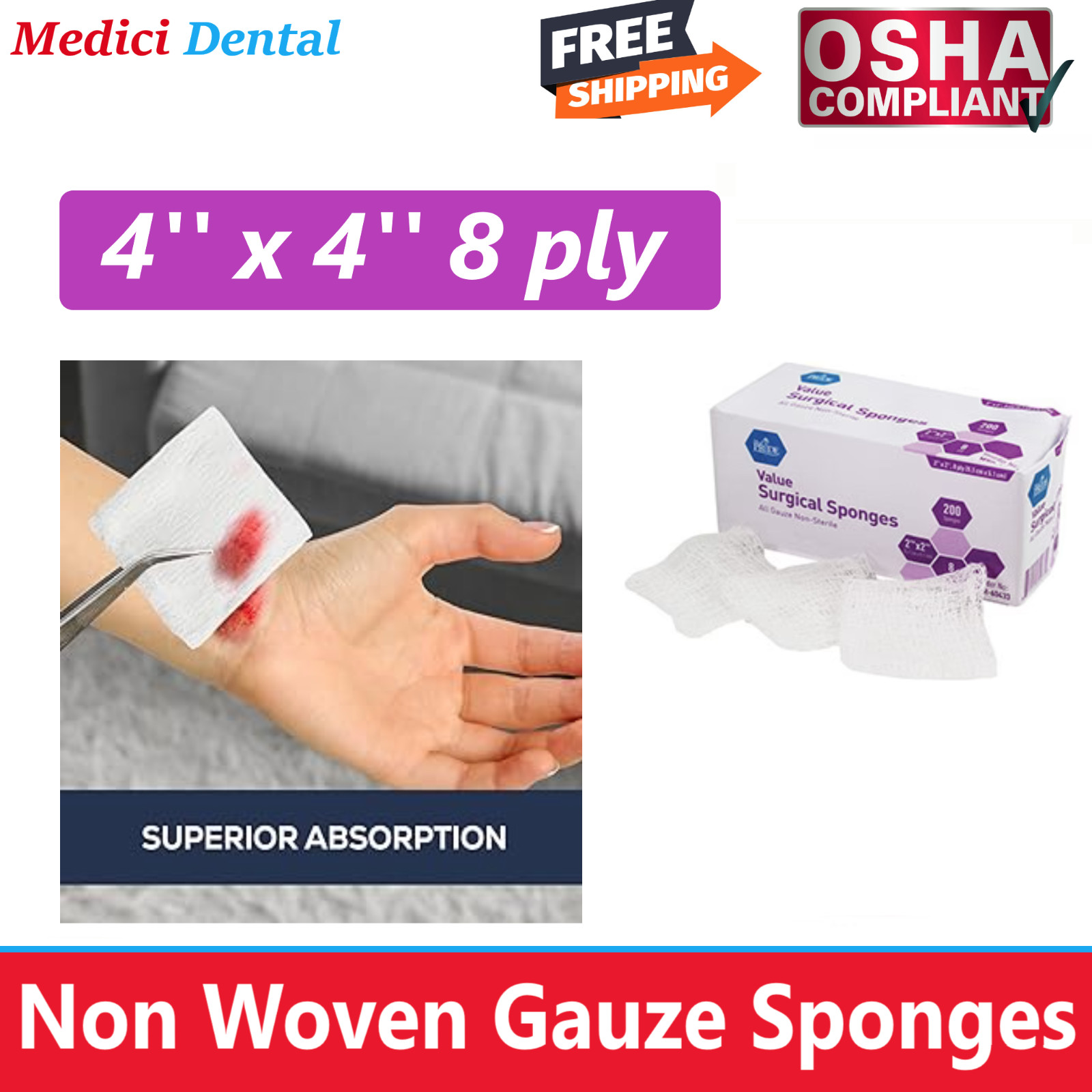 4×4 Non Woven Sponges 8-Ply, Non-Sterile Cotton Dental Surgical Gauze – 2000/Box