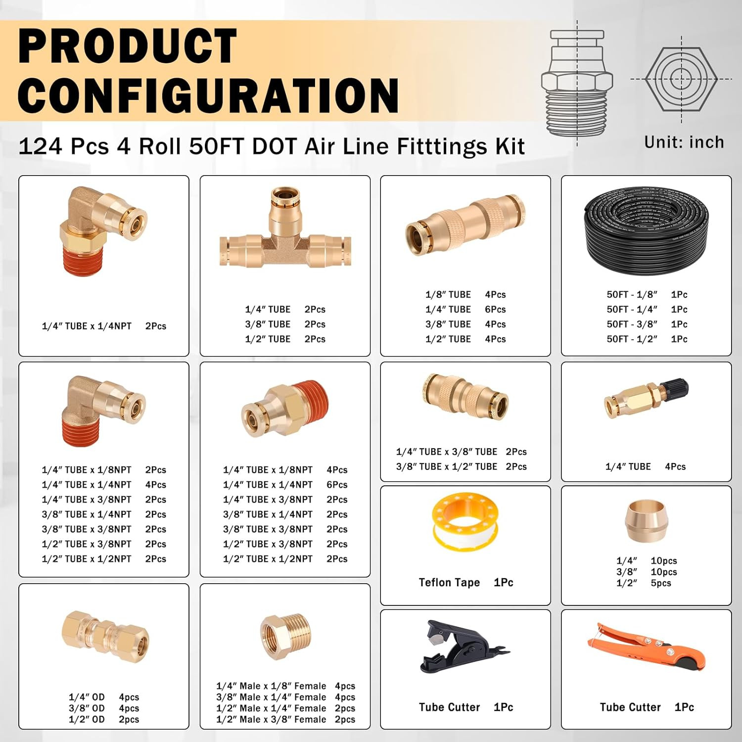 124 PCS Brass DOT Air Line Fittings with 4 Roll 50FT 1/8″ 1/4″ 3/8″ 1/2″ DOT Air
