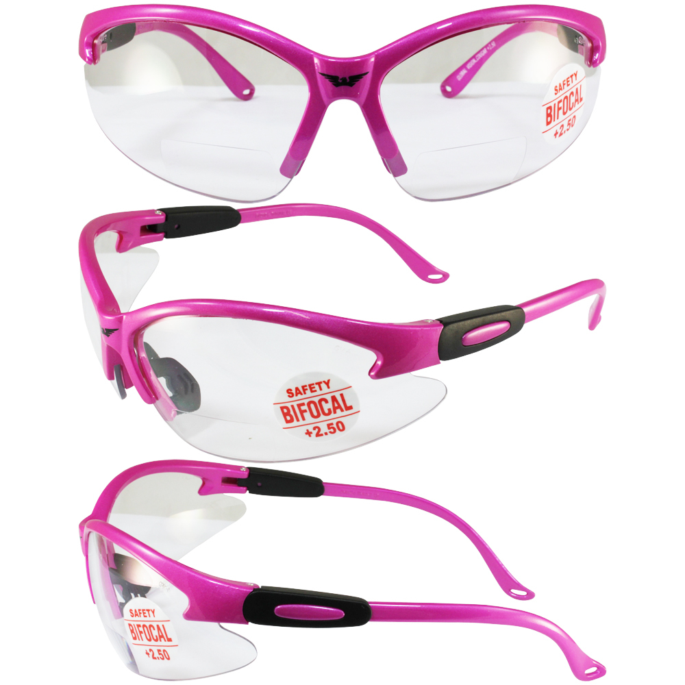 Cougar Pink Womens Bifocal Safety Glasses 2.5 Clear Shatterproof Lenses