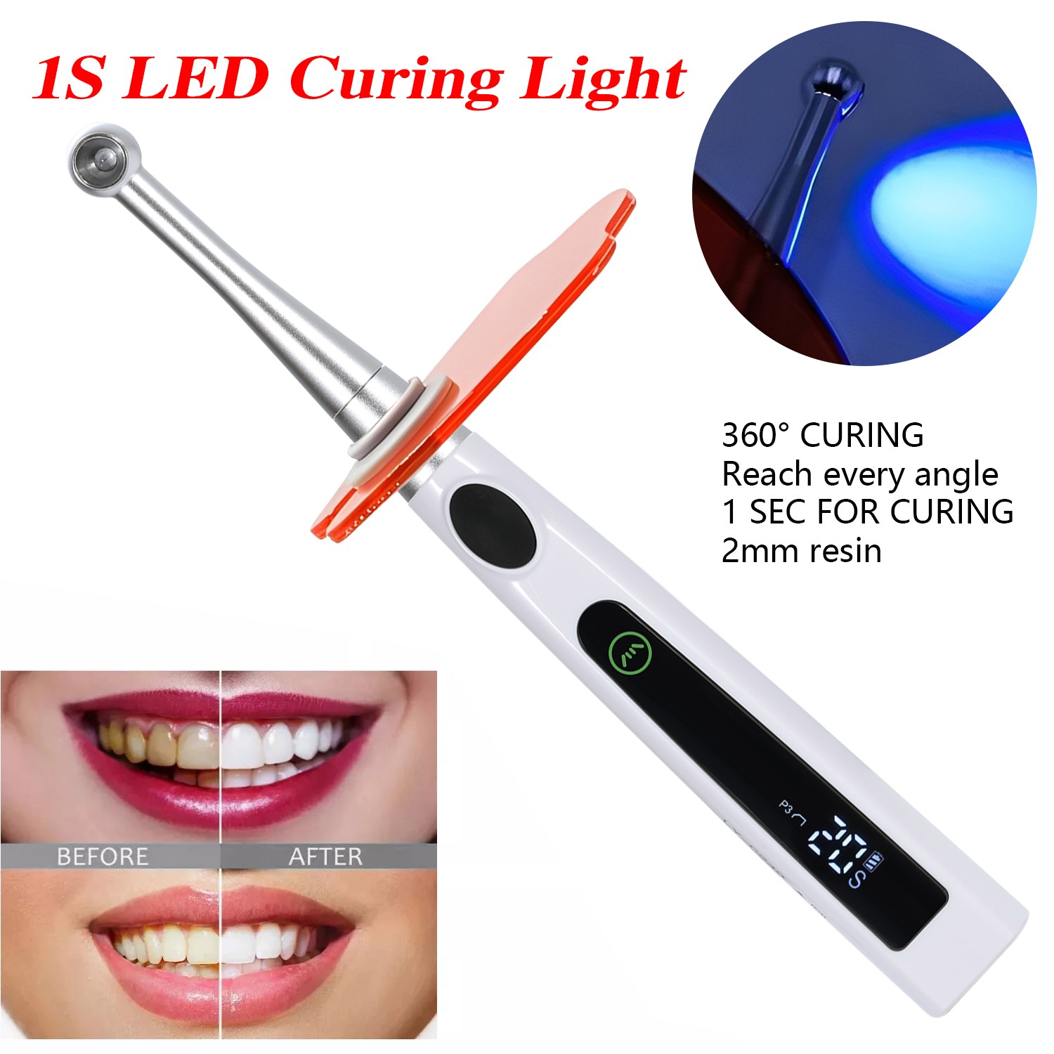 Dental Cordless LED Curing Light Lamp 1 Second Cure 800-2400mw/cm²