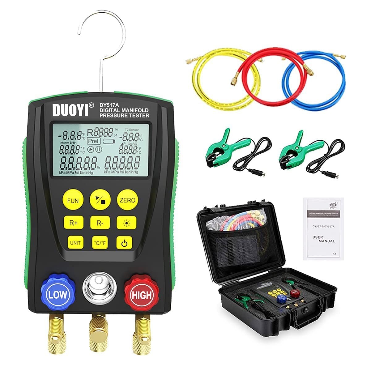 Large LCD Digital Manifold Gauge Set with Multi-Unit Switching for HVAC Systems