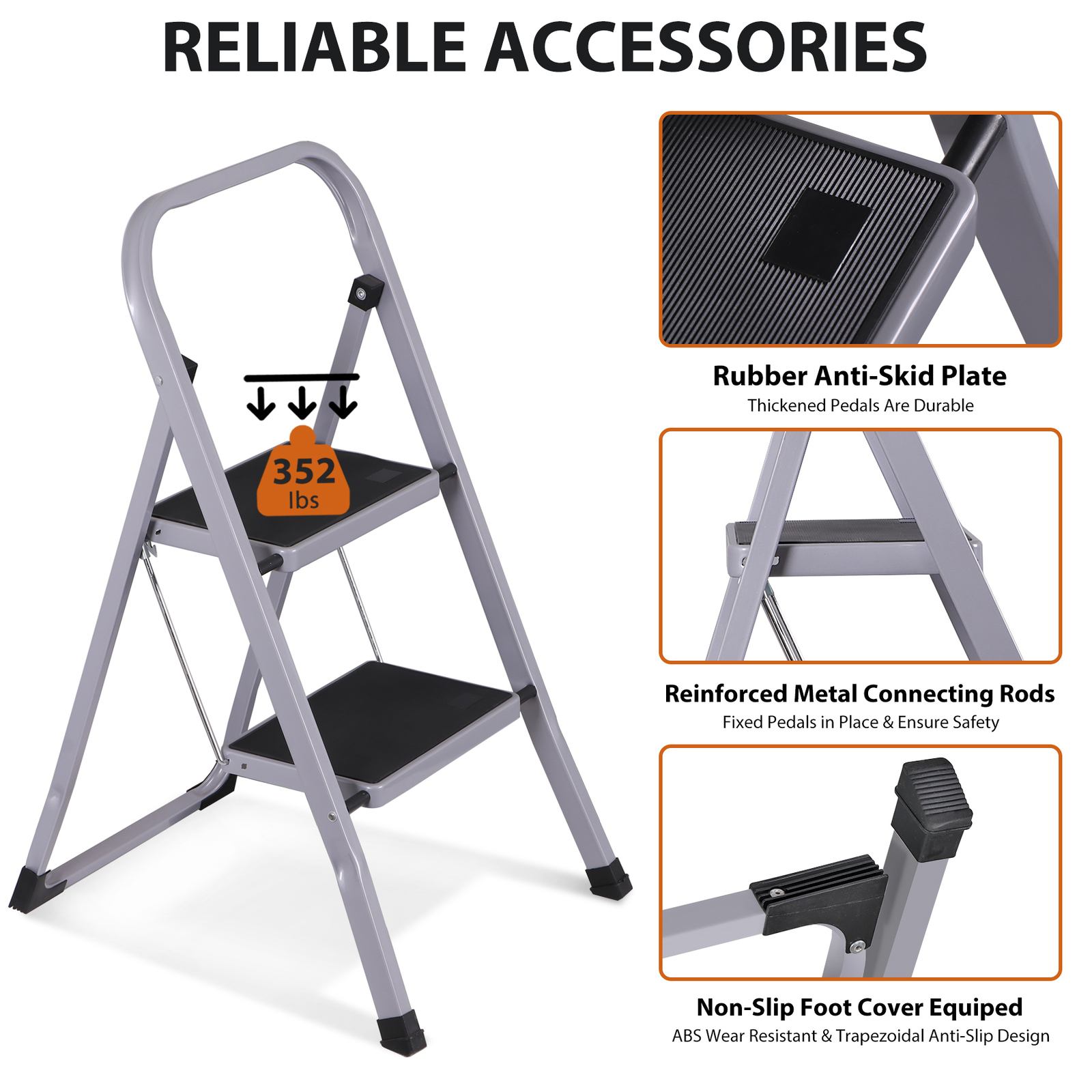 2 Step Ladder w/Anti-Slip Pedal Convenient Handgrip for Home Daily Use Gray