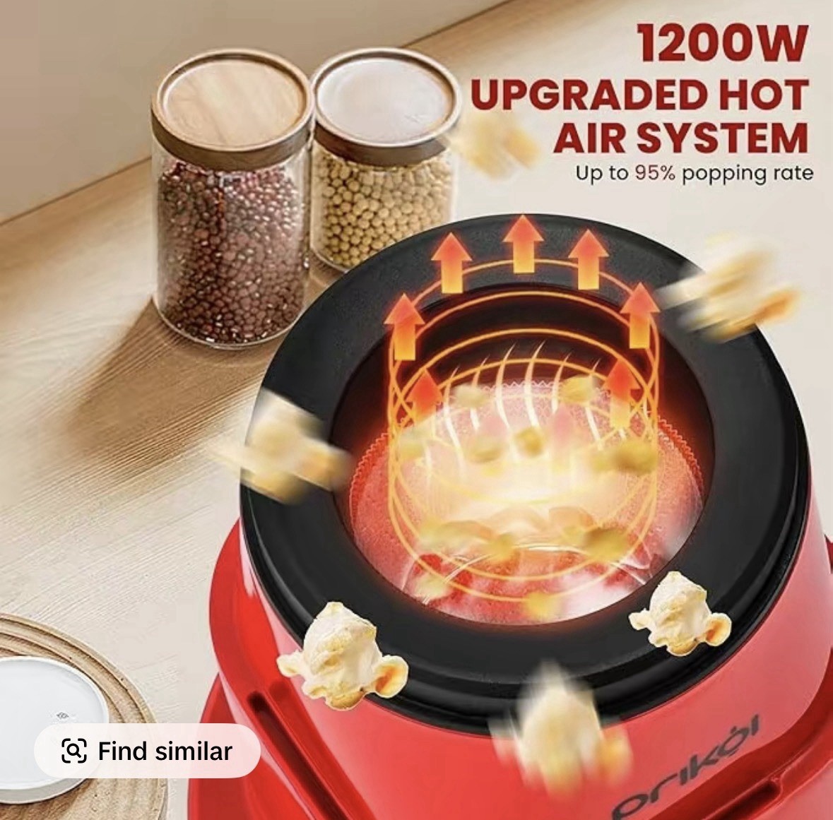 SUSTEAS Electric Hot Air Popcorn Popper – Oil-Free Maker with 4 Bowls & Cup, Red