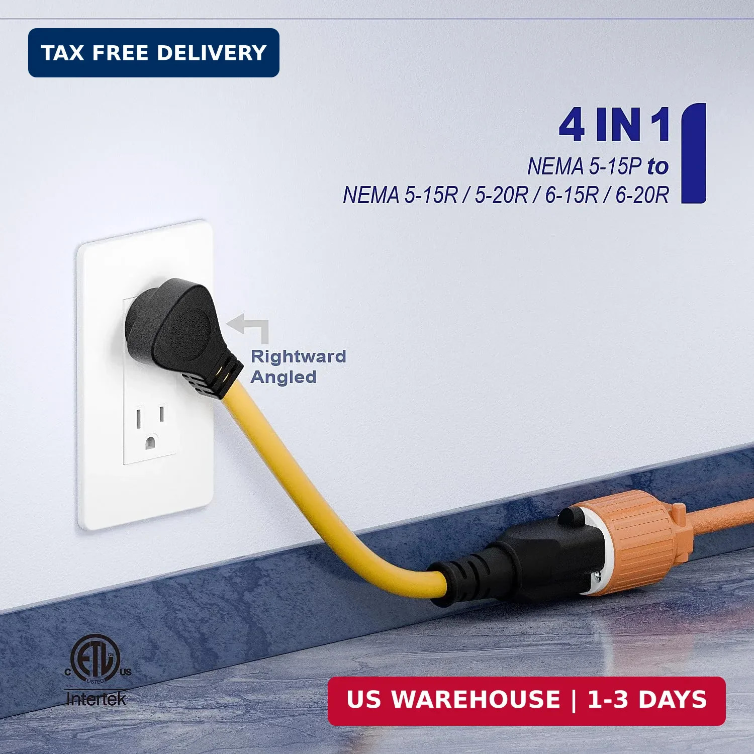 Right Angled [4-in-1] 15 Amp Household AC Plug to 20 Amp T Blade Adapter,5-15P t