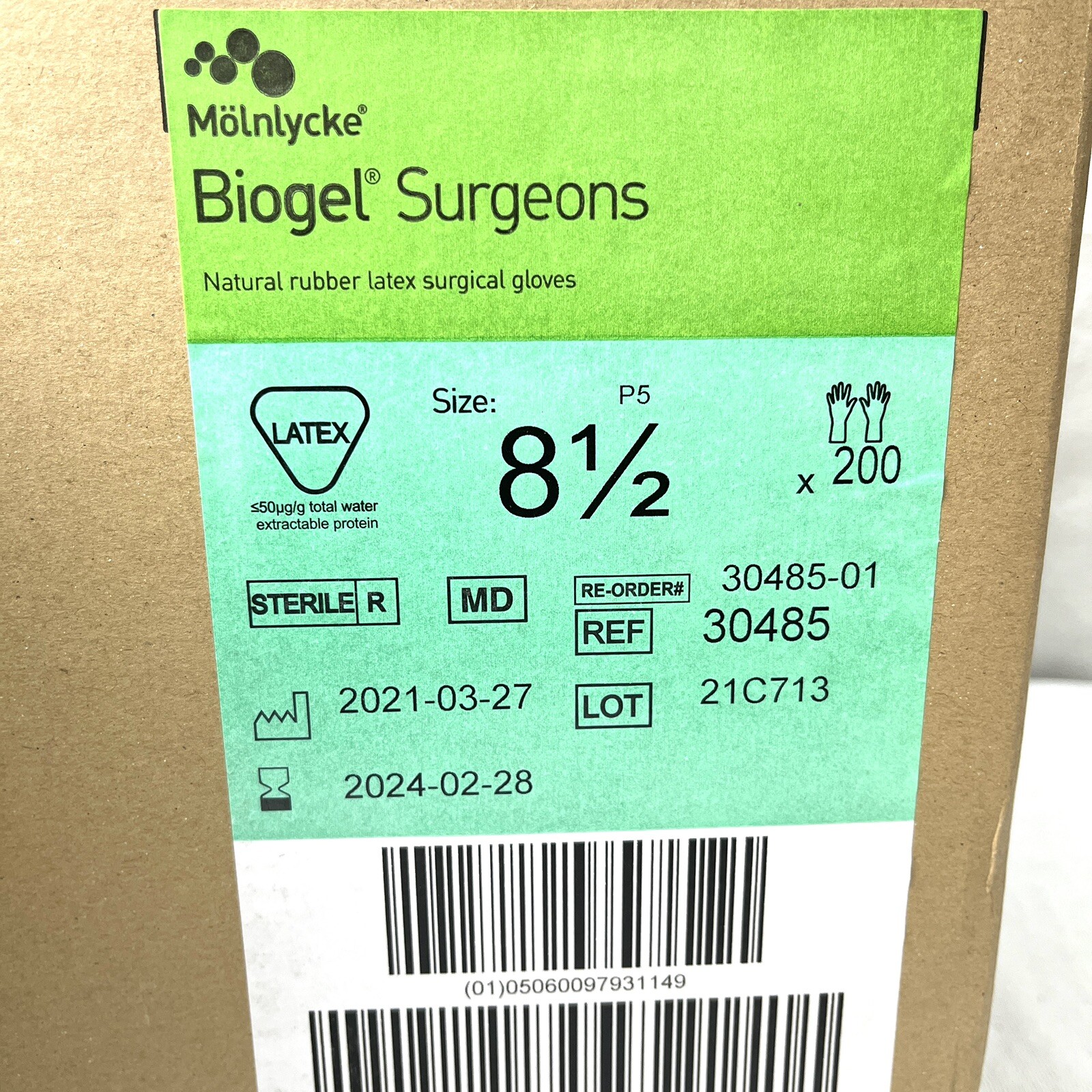 Molnlycke Biogel Surgeons Gloves Size 8 1/2 CASE/200 **See Date** REF 30485