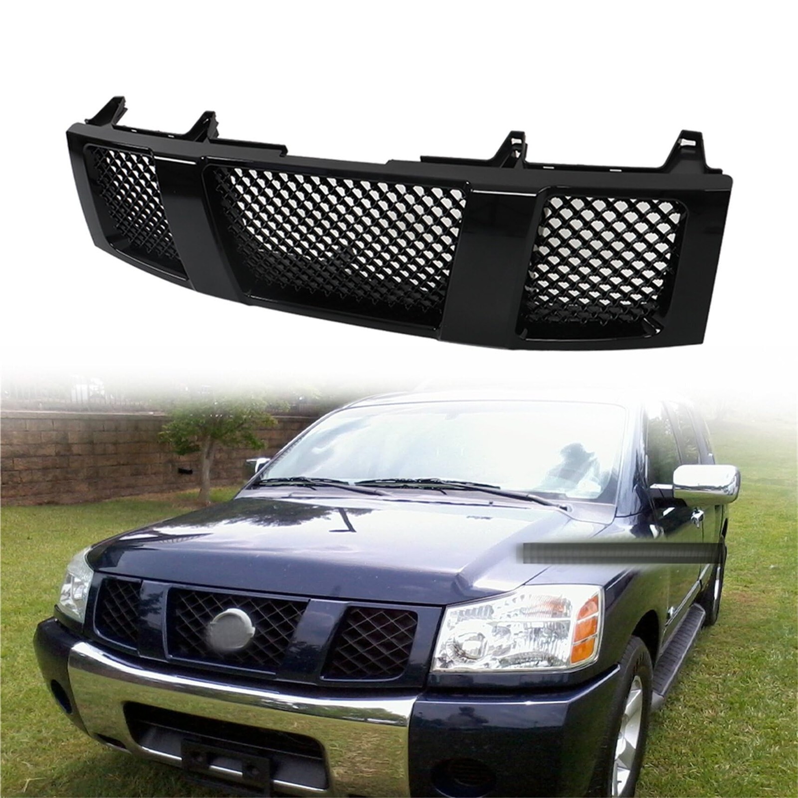 Front Upper Grille Glossy Black Mesh Replacement for 2004-2007 Titan Pickup