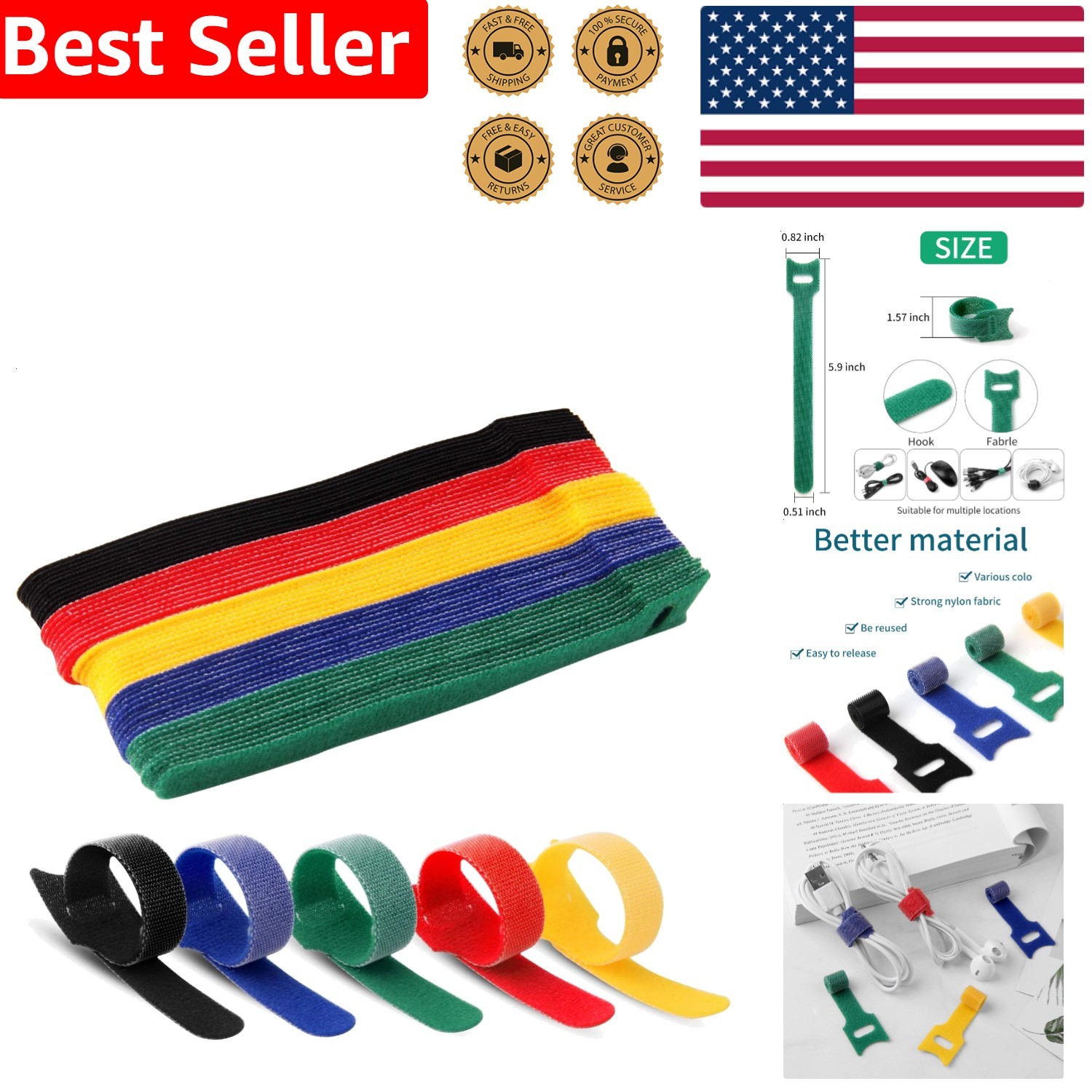 Cable Ties 6 Inch Reusable Hook Loop Fastener Strap Nylon Multicolor 50 Pack …