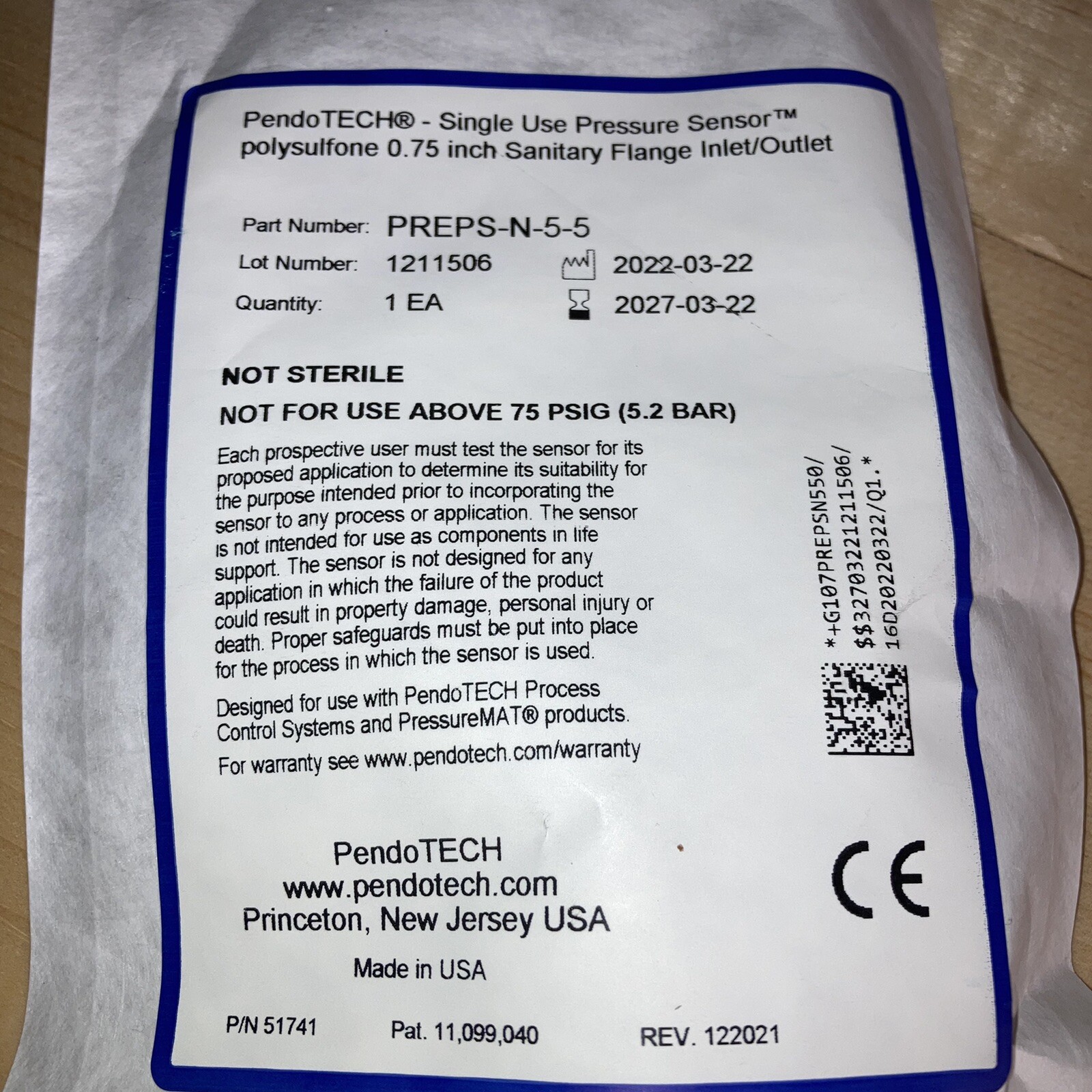 PendoTECH PREPS-N-5-5 Pressure Sensor Sanitary Flange – 3/4″ – Exp 03/2027