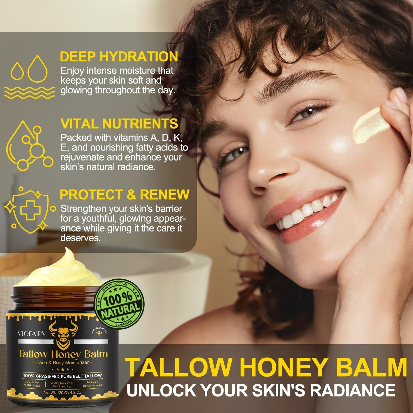 VIOFAIRY Tallow Honey Balm Face Moisturizer 4 oz Organic Beef Tallow