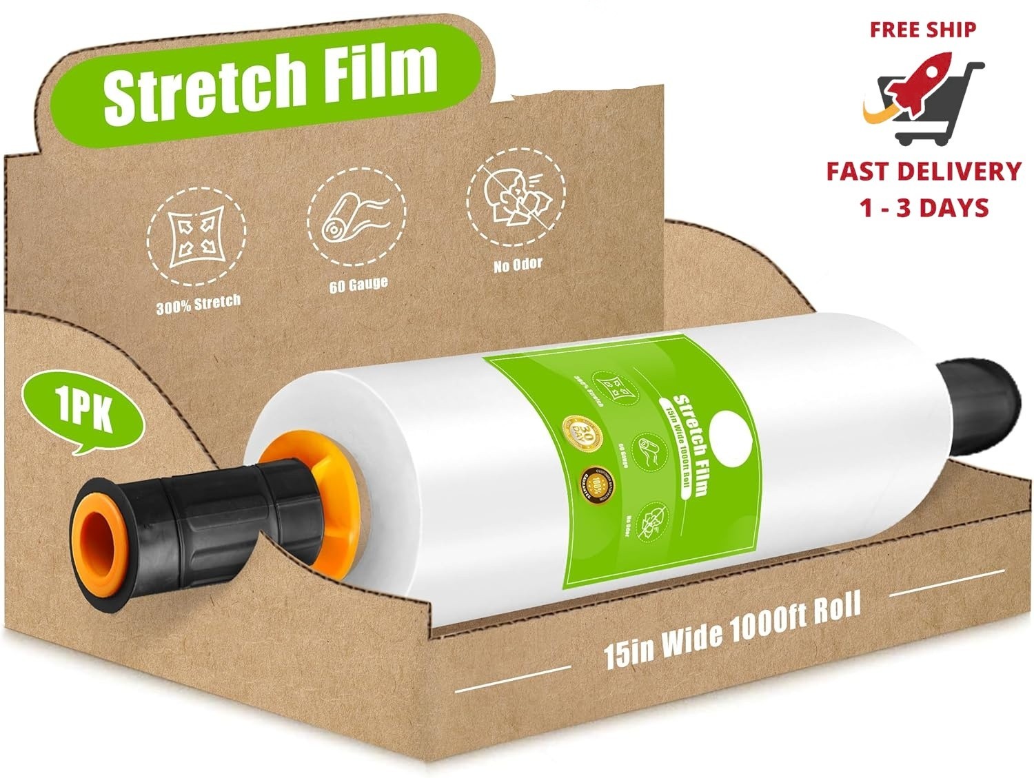 Rollo de película estirable de plástico – 1000 pies, calibre 60, resistencia