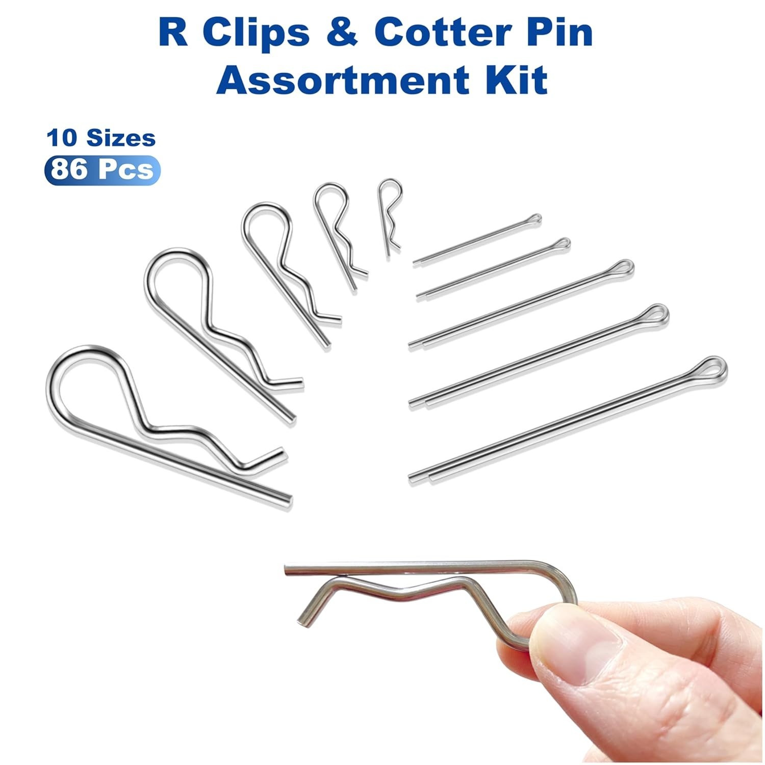 86 PCS Cotter Pin Assortment Kit, 10 Sizes Stainless Steel Cotter Pins & R Clips