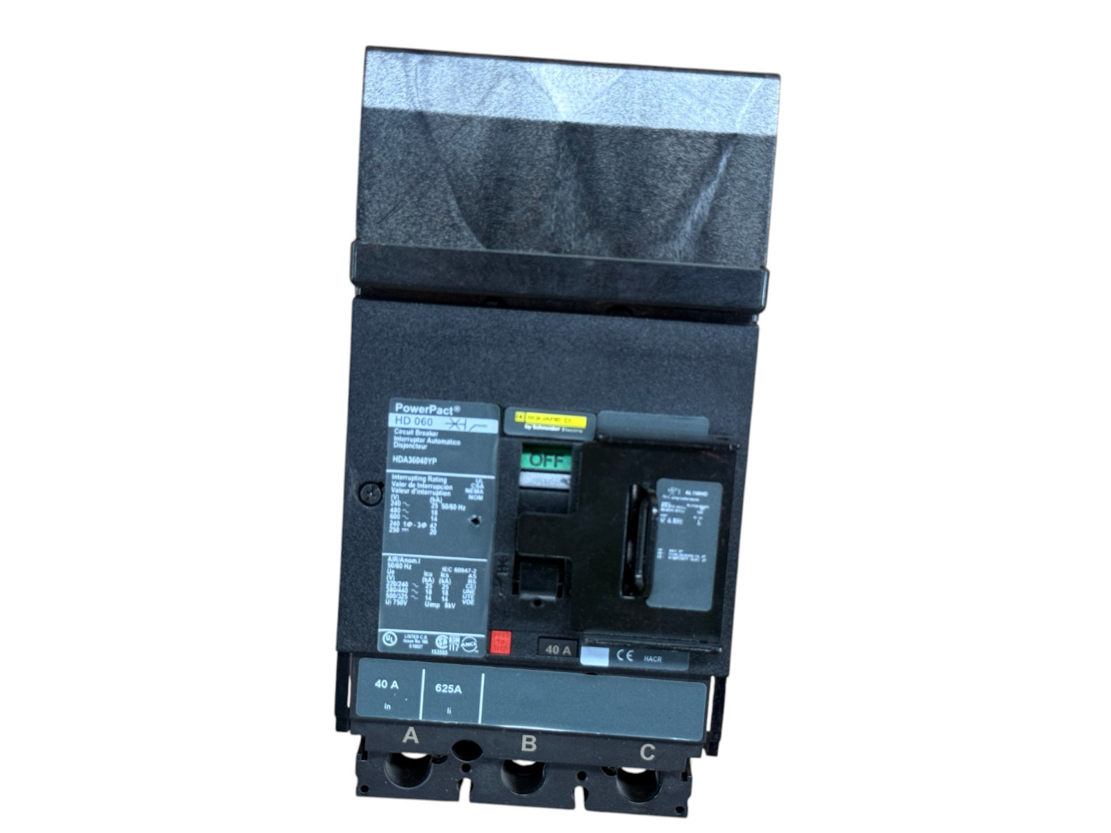 SQUARE D HDA36040YP 40A 3-POLE 600V I-LINE POWERPACT HD 42KA CIRCUIT BREAKER
