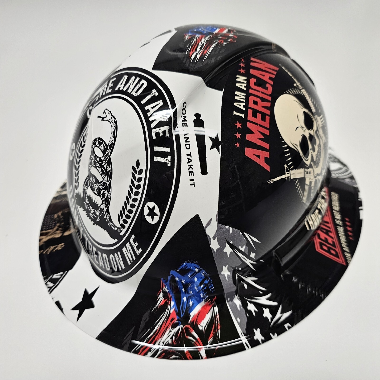 full brim hard hat custom hydro dipped IN PATRIOT COME AND TAKE IT STICKER BOMB