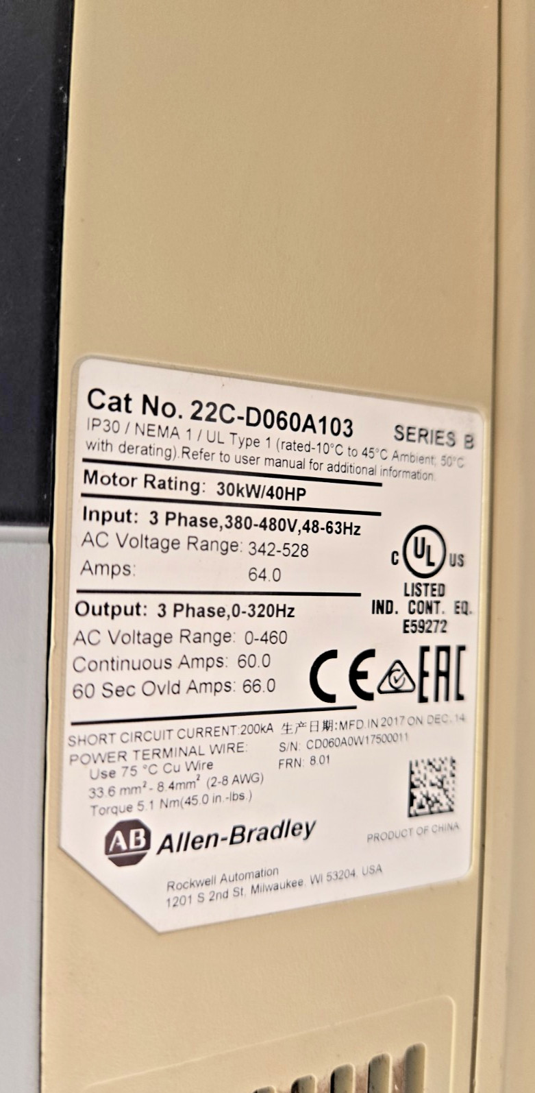 Allen-Bradley PowerFlex 400 AC Drive, 480 VAC, 3 Phase, 40 HP, 60 Amps