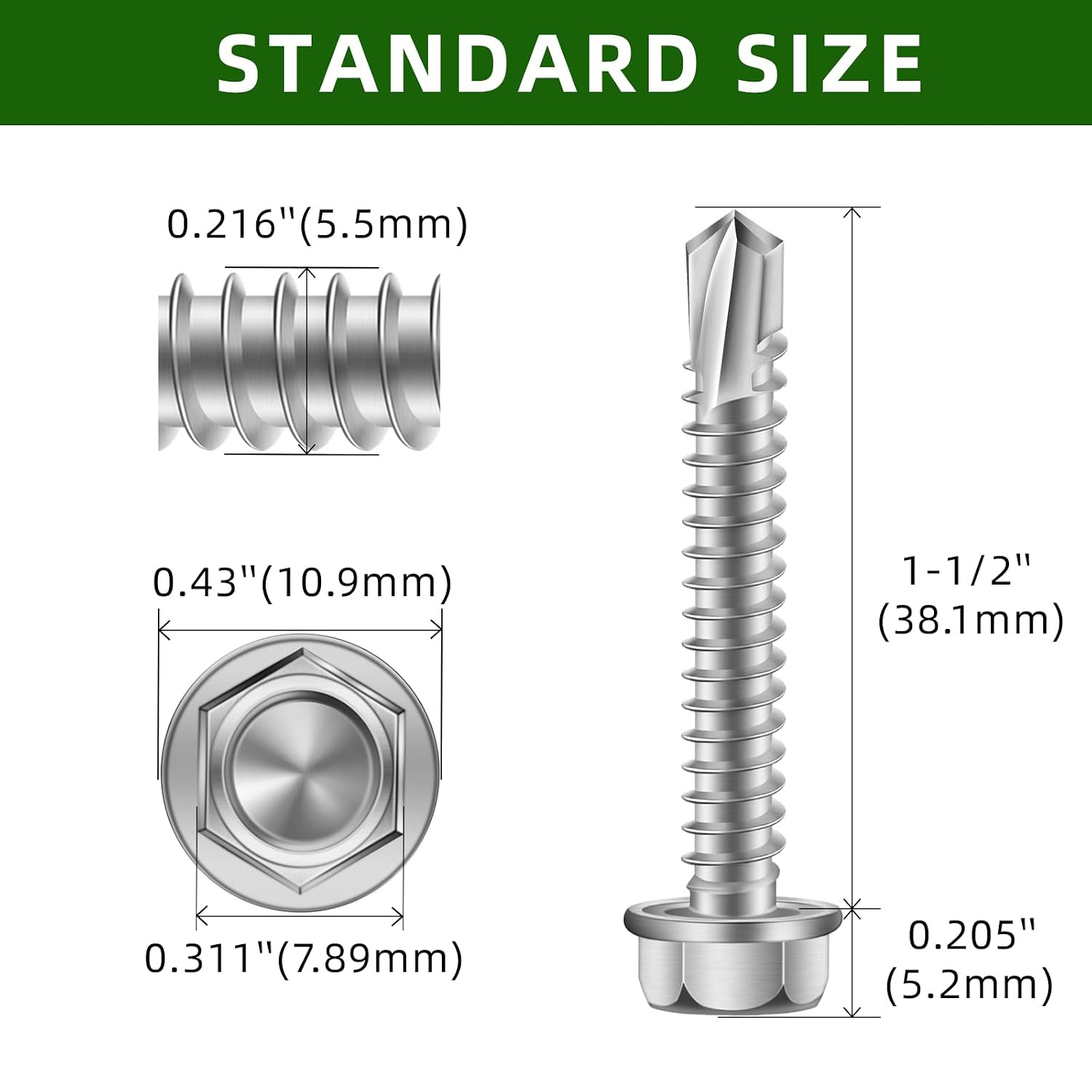 #12 X 1-1/2″ (3/4″ to 2-1/2″ Available) Hex Washer Head Self Drilling Screws