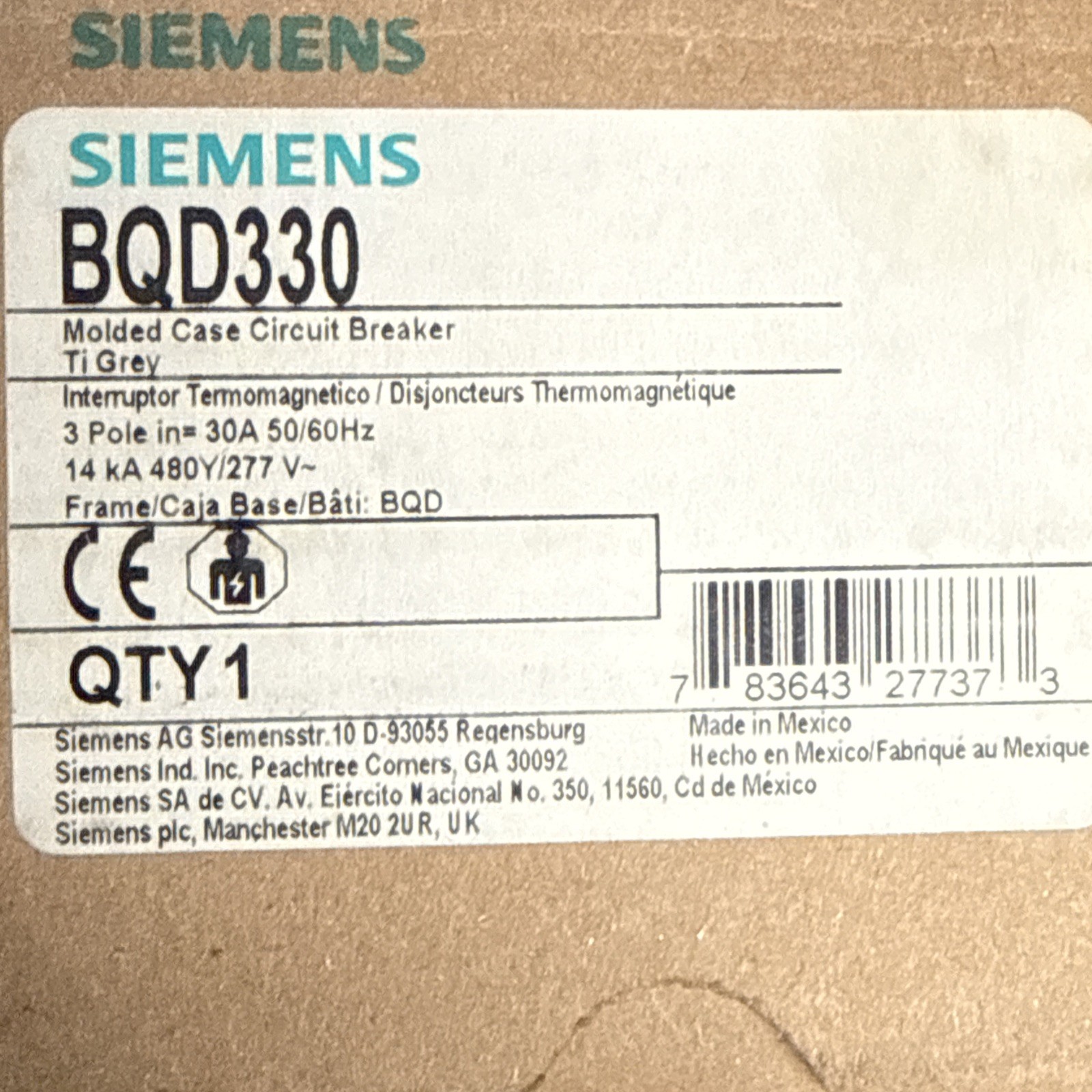 Siemens BQD330 30 Amp 3 Pole 480VAC Mini Circuit Breaker