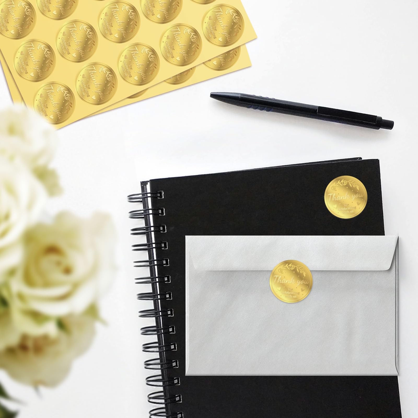 100 x Thank You for Celebrating with us Favor Stickers Labels, Gold Foil
