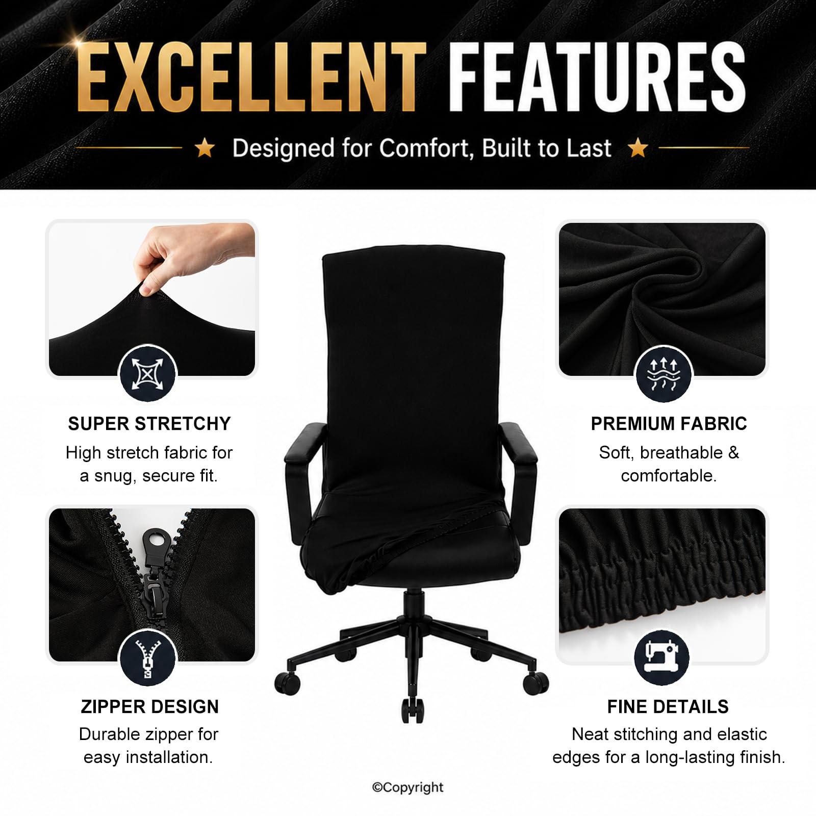 Water Resistant Stretch Computer Office Chair Cover Large Cover, Black