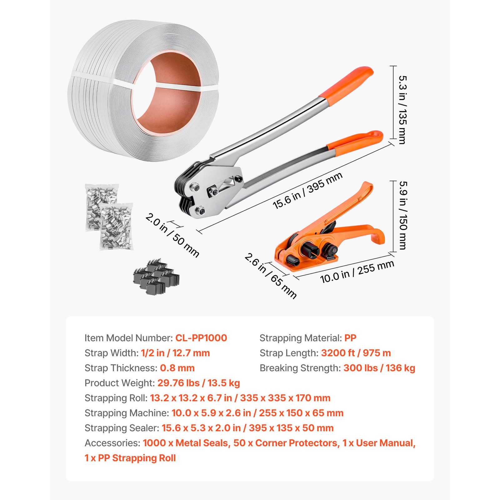 Uimoso 1/2″ PP Banding Strapping Kit w/3200ft Strap 1000 Seals,50 Edge Protector