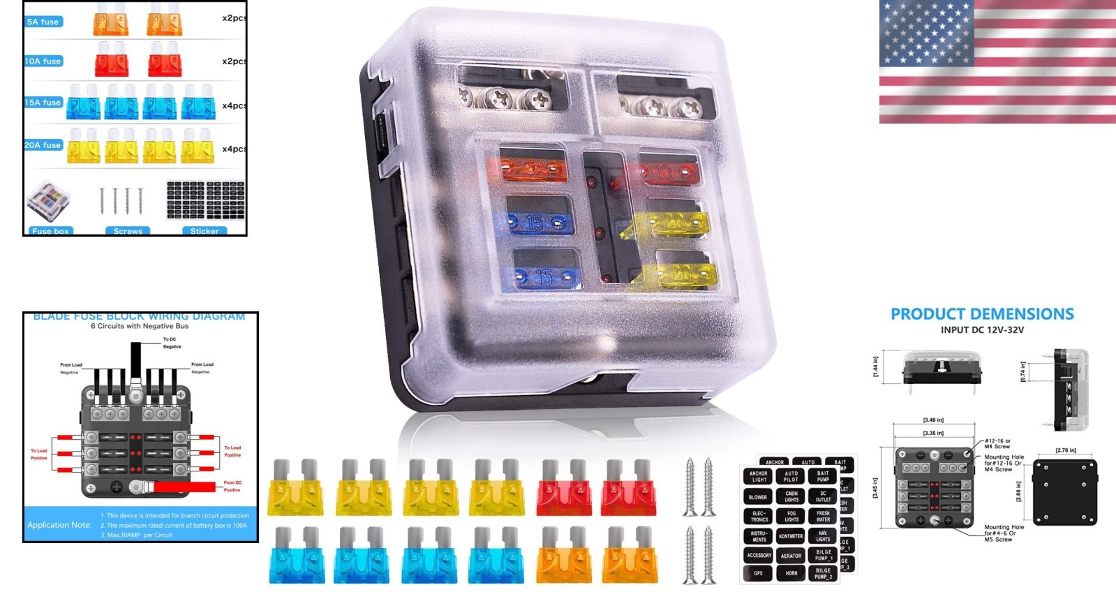 Waterproof 6 Way Fuse Box with LED Indicator for Marine and Automotive Use