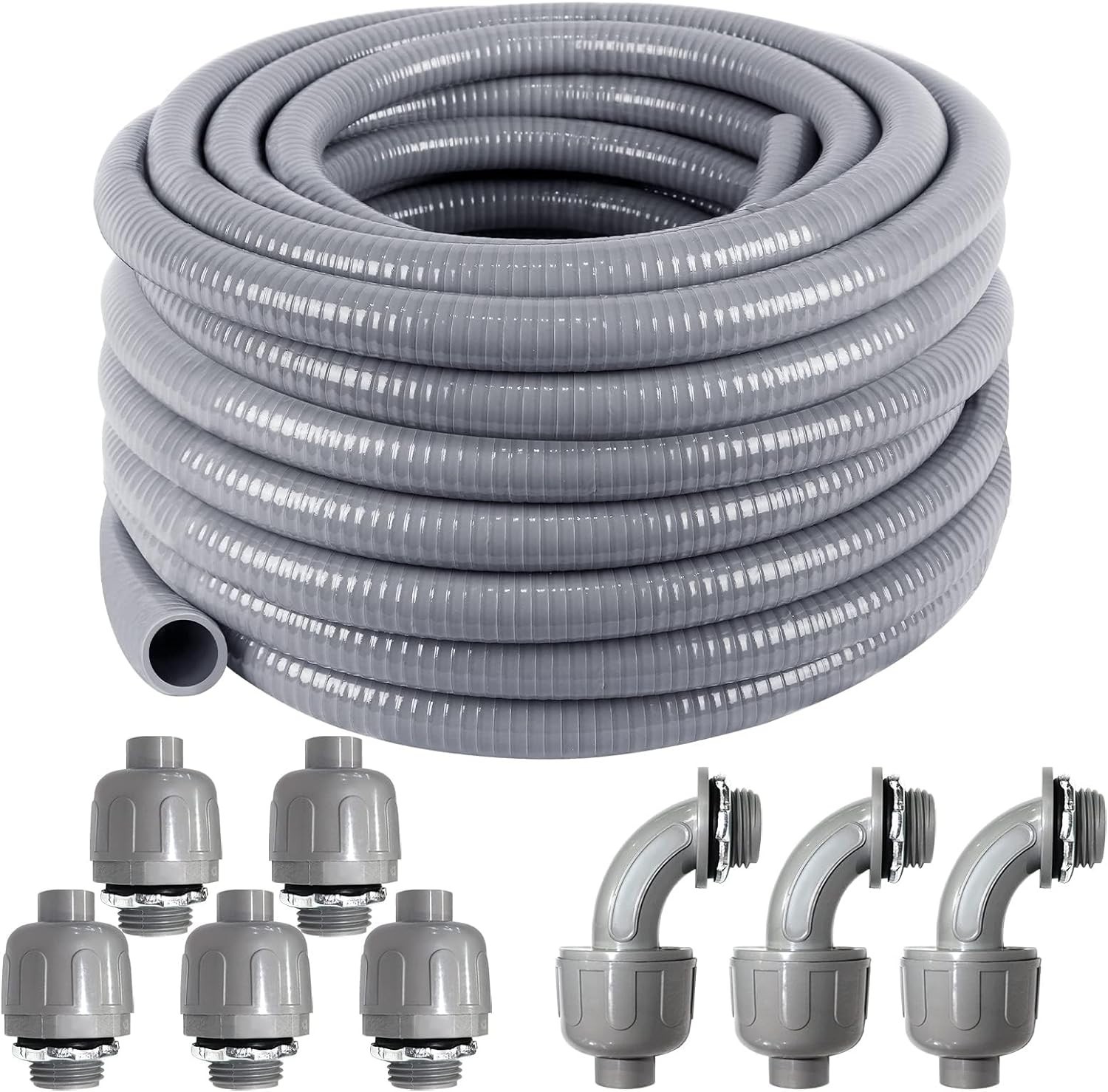 Durable 50 ft Liquid-Tight Conduit Kit with 8 Connectors – Ideal for Outdoor Use