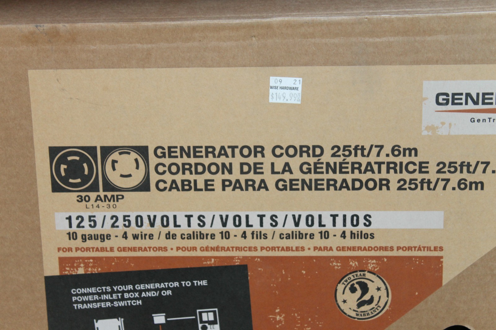 Generac Generator Cord 6328 25ft 30 AMP L14-30 125/250 Volts 10 Guage 4 Wire NEW