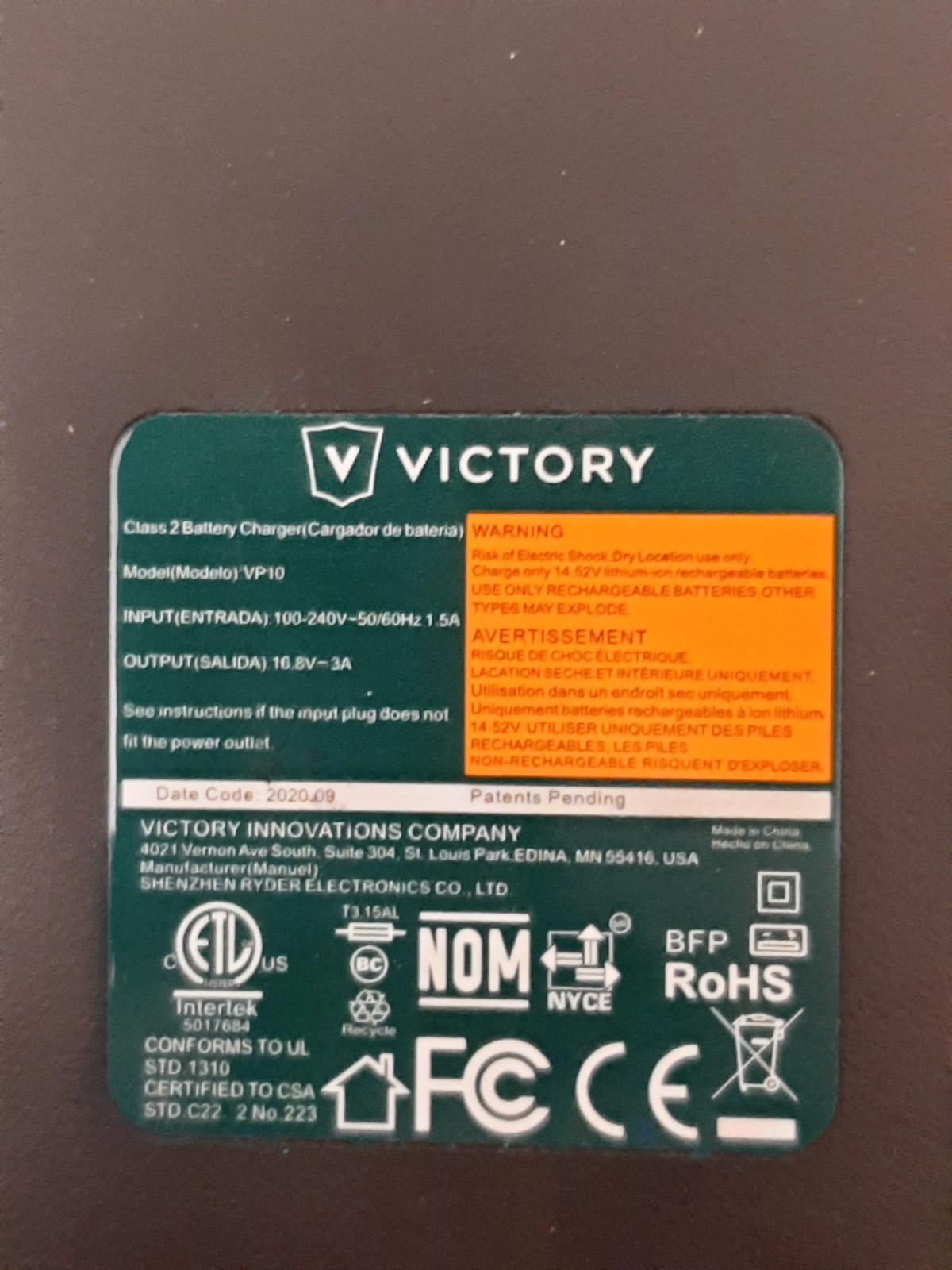 Victory Innovations C9 VP10 CHARGER & parts VP200ESK Electrostatic Sprayer