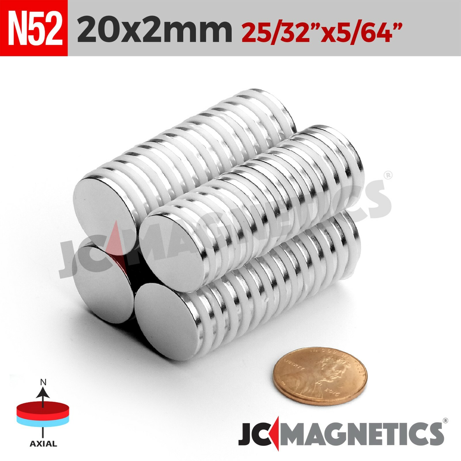 20mm x 2mm 13/16″x5/64″ N52 Super Strong Disc Rare Earth Neodymium Magnet 20x2mm
