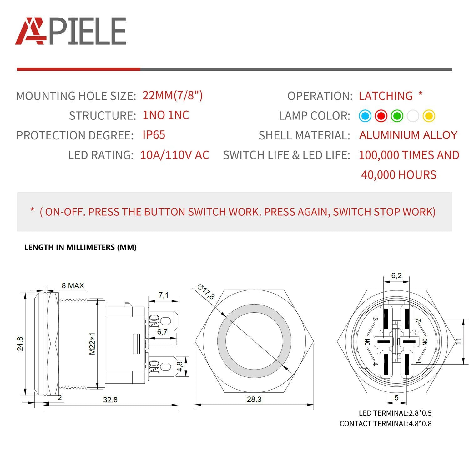APIELE 22mm Latching Push Button Switch 110V-220V AC 22MM, Black Shell-White