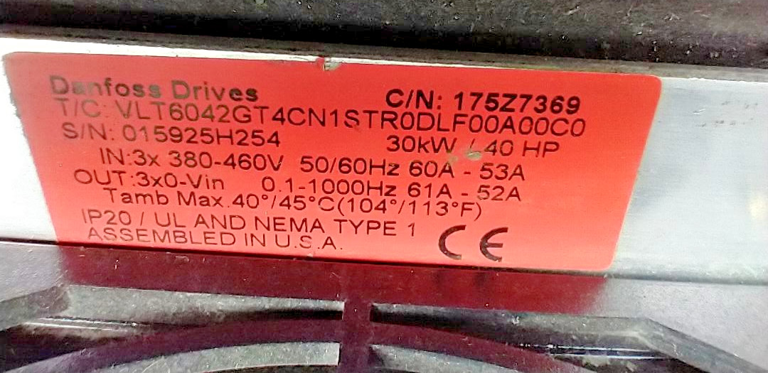 Danfoss VLT 6042 AC Drive 175Z7369 40HP 30KW 460V 61A 3PH GT4CN1STR0DLF00A00C0