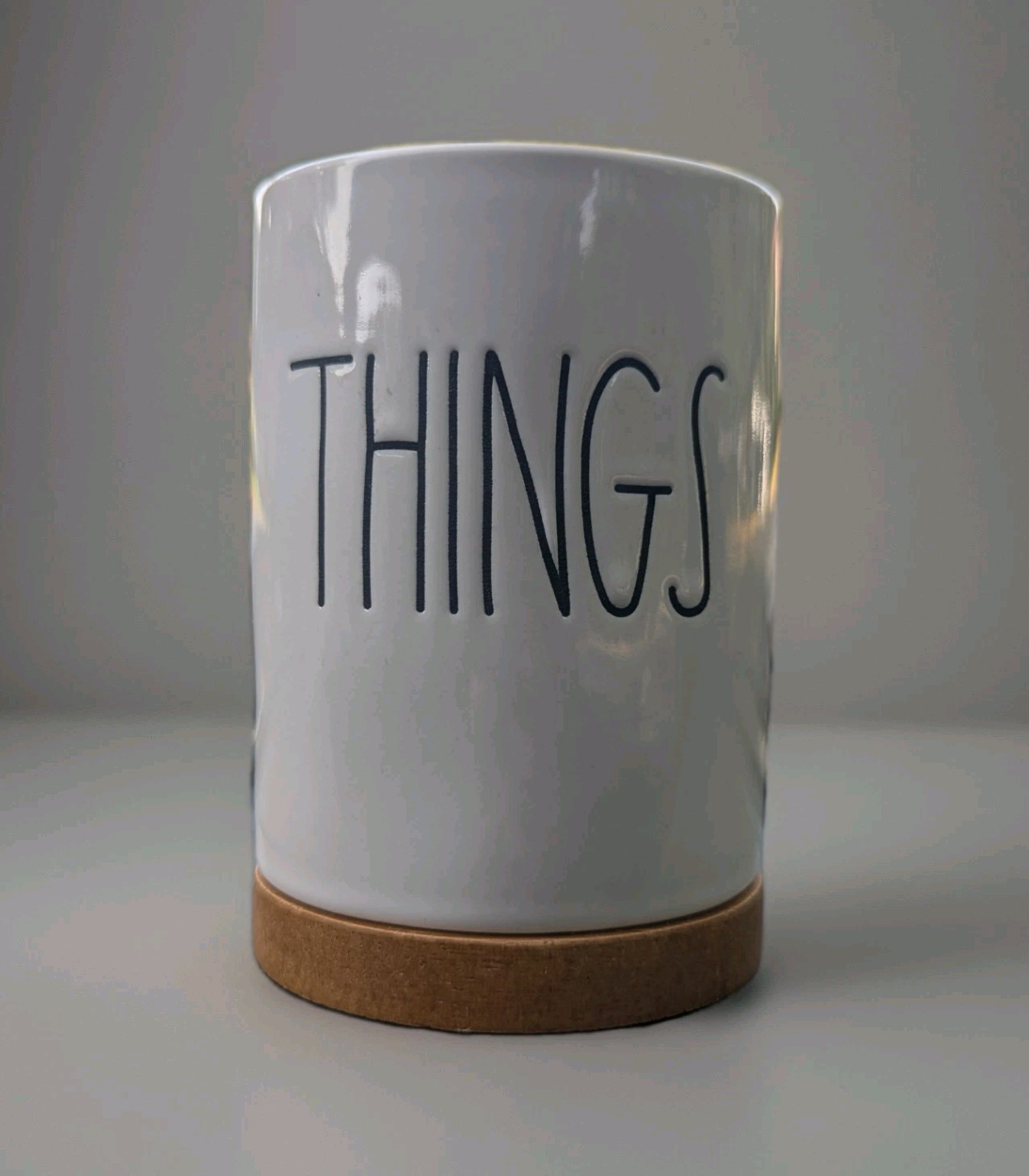 Rae Dunn Things Pencil Pen Holder Bathroom Canister Jar Wooden Base New