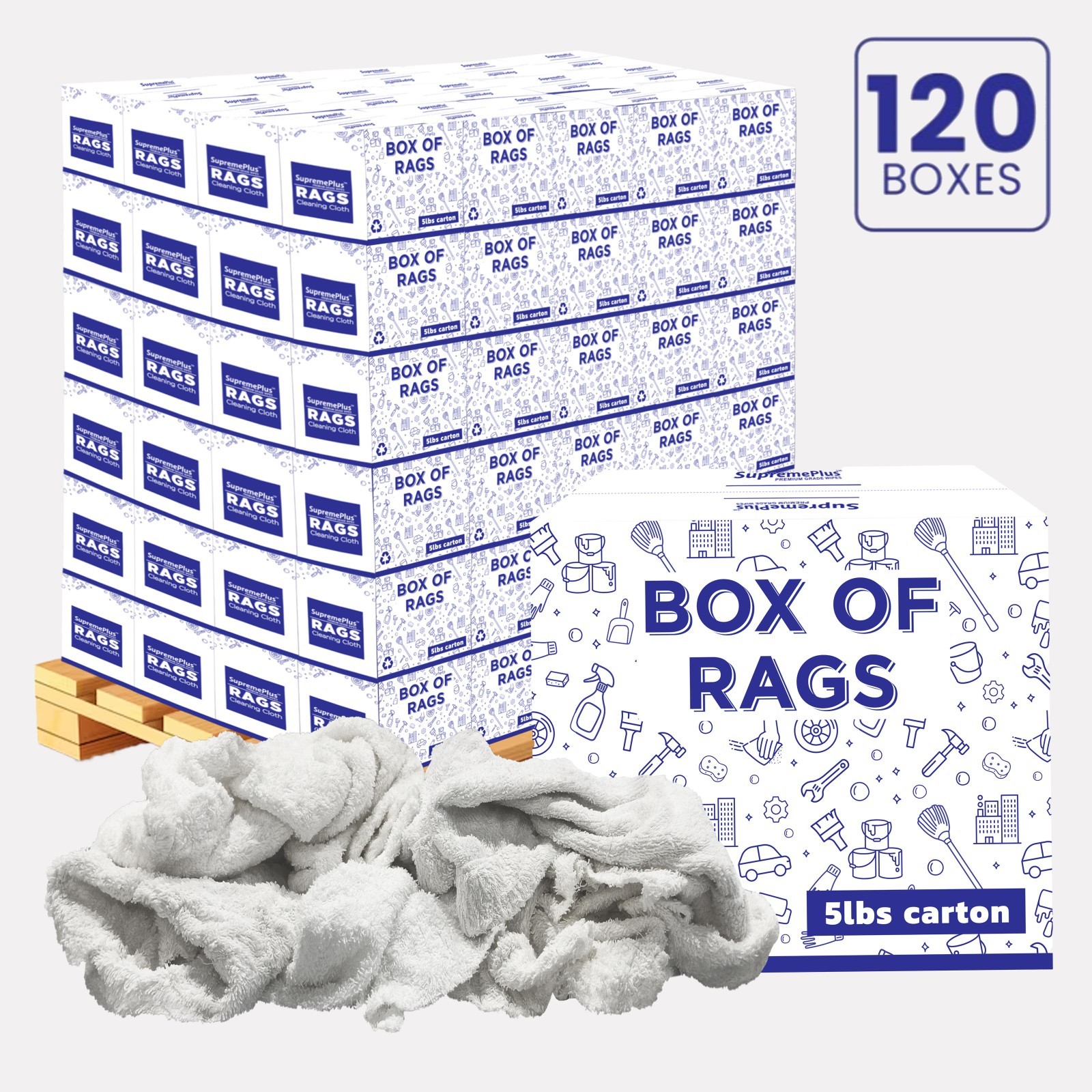 600 LB White Terry Towels Pallet Cotton Shop Towels 120 x 5 LB Boxes Shop Rags