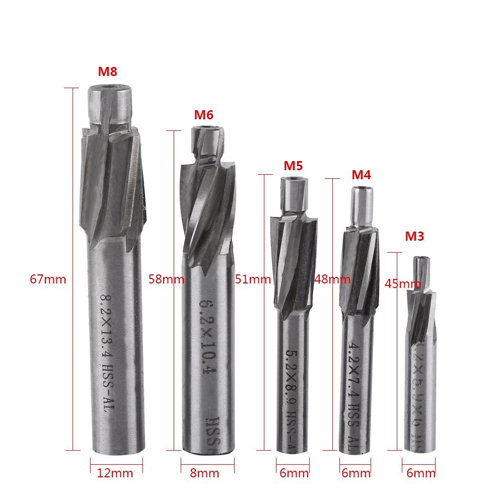 5Pcs Counterbore Drill Bits Set, 4 Flutes Straight End Mill Cutter HSS Countersi