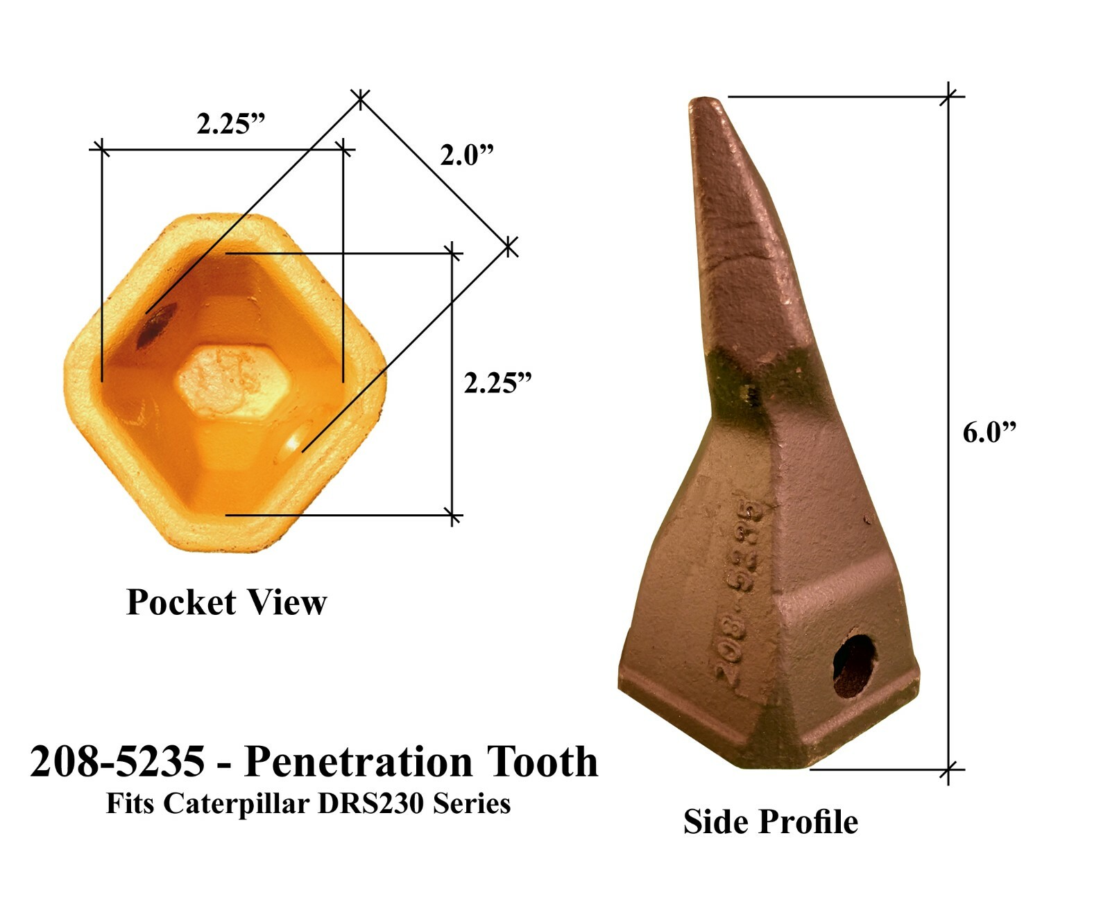 10 Backhoe Bucket Teeth 208-5235 – Penetration Tip, w/ Pin, fits CAT DRS230