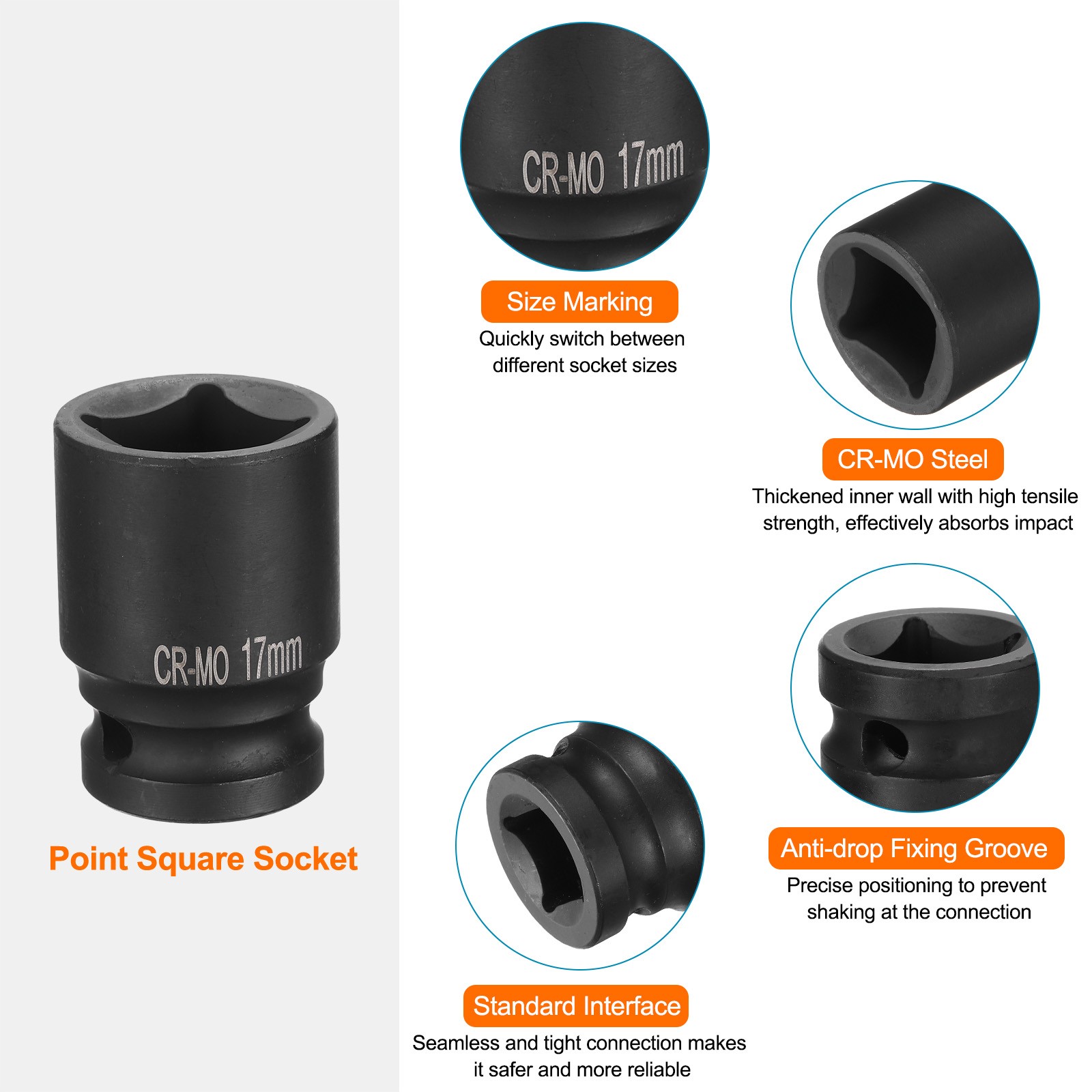 4 Point Square Socket 1/2 Inch Drive 17mm Metric CR-MO Square Impact Wheel