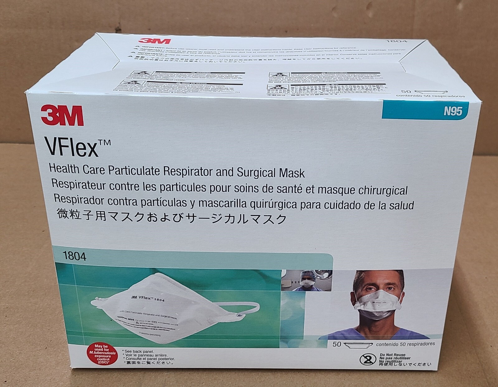 3M VFlex 1804 Particulate Respirator NIOSH N95 Surgical Masks, Box of 50